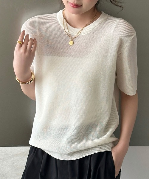 DAY CLOSET(デイ クローゼット)の「レイヤード即戦力。半袖 シアー リブ ニット プルオーバー レディース(Tシャツ/カットソー・レディース・アイボリー/ライトブルー/グレー/ブラック/ピンク・FREE)」の15枚目の写真