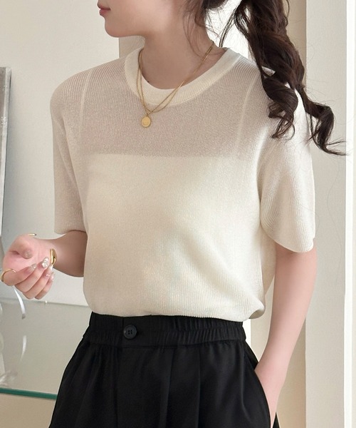 DAY CLOSET(デイ クローゼット)の「レイヤード即戦力。半袖 シアー リブ ニット プルオーバー レディース(Tシャツ/カットソー・レディース・アイボリー/ライトブルー/グレー/ブラック/ピンク・FREE)」の16枚目の写真