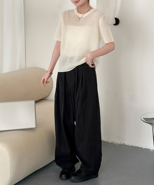 DAY CLOSET(デイ クローゼット)の「レイヤード即戦力。半袖 シアー リブ ニット プルオーバー レディース(Tシャツ/カットソー・レディース・アイボリー/ライトブルー/グレー/ブラック/ピンク・FREE)」の19枚目の写真