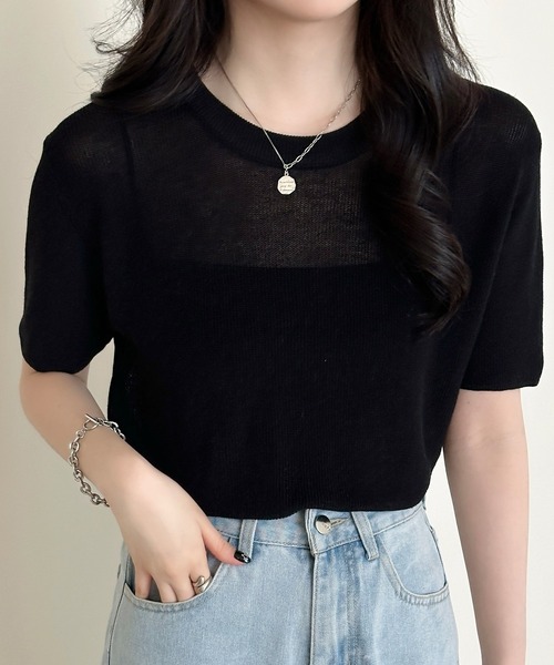 DAY CLOSET(デイ クローゼット)の「レイヤード即戦力。半袖 シアー リブ ニット プルオーバー レディース(Tシャツ/カットソー・レディース・アイボリー/ライトブルー/グレー/ブラック/ピンク・FREE)」の20枚目の写真