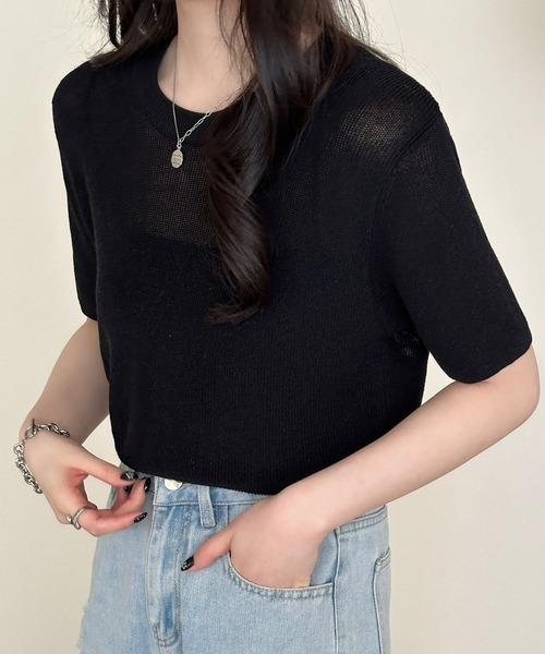 DAY CLOSET(デイ クローゼット)の「レイヤード即戦力。半袖 シアー リブ ニット プルオーバー レディース(Tシャツ/カットソー・レディース・アイボリー/ライトブルー/グレー/ブラック/ピンク・FREE)」の21枚目の写真