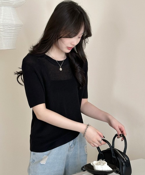 DAY CLOSET(デイ クローゼット)の「レイヤード即戦力。半袖 シアー リブ ニット プルオーバー レディース(Tシャツ/カットソー・レディース・アイボリー/ライトブルー/グレー/ブラック/ピンク・FREE)」の22枚目の写真