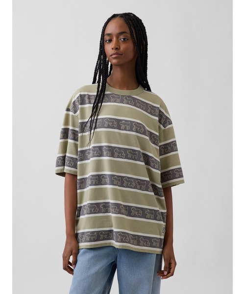 GAP(ギャップ)の「キース・ヘリング オーバーサイズ ストライプTシャツ(Tシャツ/カットソー・メンズ・グリーン・S/XS/L/XL/M)」の1枚目の写真