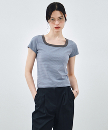 スクエアネックストライプ半袖TシャツブルーMDTS098BLUE
