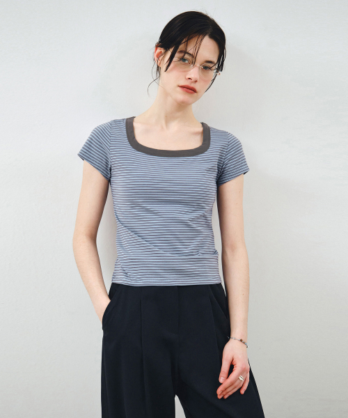 MONGDOL(モンドル)の「スクエアネックストライプ半袖TシャツブルーMDTS098BLUE(Tシャツ/カットソー・レディース・その他・SMALL/MEDIUM)」の5枚目の写真