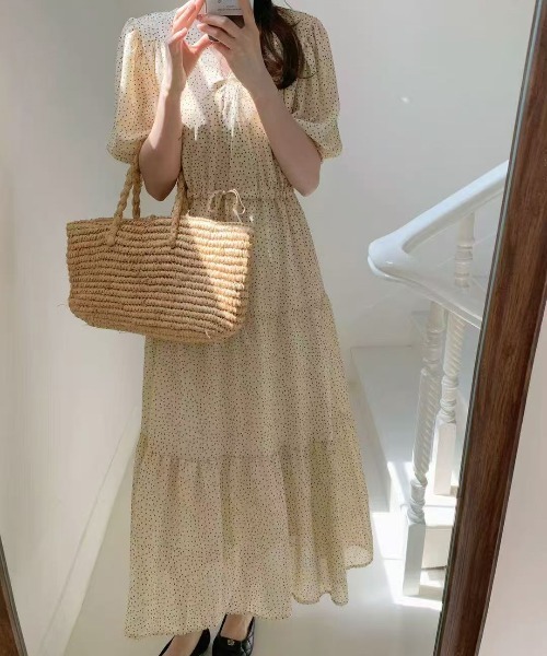 FINEnough（ファインナフ）の「ドット柄Vネックウエストベルト半袖ロングワンピース（ワンピース・レディース・ピンク/ホワイト/ブラック/ベージュ・FREE）」の8枚目の写真