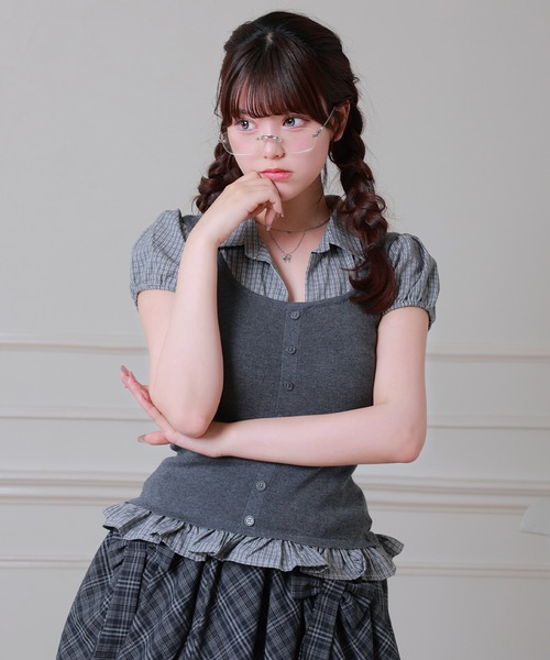 Anely(アネリー)の「Anely チェック柄 ニット タンク レイヤード トップス(シャツ/ブラウス・レディース・アイボリー/チャコールグレー・FREE)」の8枚目の写真