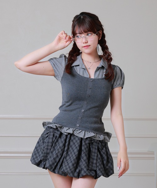 Anely(アネリー)の「Anely チェック柄 ニット タンク レイヤード トップス(シャツ/ブラウス・レディース・アイボリー/チャコールグレー・FREE)」の9枚目の写真