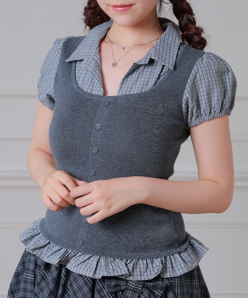 Anely(アネリー)の「Anely チェック柄 ニット タンク レイヤード トップス(シャツ/ブラウス・レディース・アイボリー/チャコールグレー・FREE)」の11枚目の写真