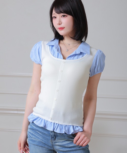 Anely(アネリー)の「Anely チェック柄 ニット タンク レイヤード トップス(シャツ/ブラウス・レディース・アイボリー/チャコールグレー・FREE)」の4枚目の写真