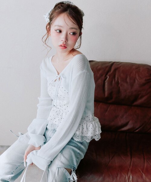 OLIVE des OLIVE(オリーブデオリーブ)の「ぺプラムキャミ+シアカーデセット(Tシャツ/カットソー・レディース・ピンク/ブラック/サックスブルー/オフホワイト・FREE)」の6枚目の写真