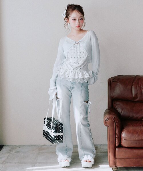 OLIVE des OLIVE(オリーブデオリーブ)の「ぺプラムキャミ+シアカーデセット(Tシャツ/カットソー・レディース・ピンク/ブラック/サックスブルー/オフホワイト・FREE)」の7枚目の写真