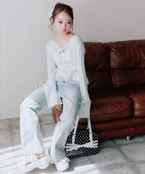 OLIVE des OLIVE(オリーブデオリーブ)の「ぺプラムキャミ+シアカーデセット(Tシャツ/カットソー・レディース・ピンク/ブラック/サックスブルー/オフホワイト・FREE)」の10枚目の写真
