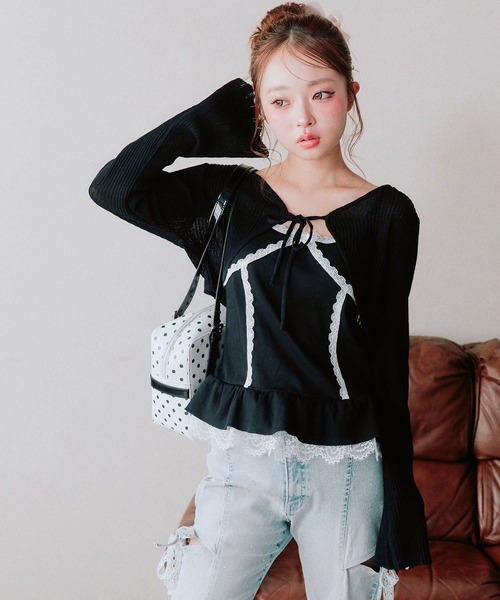OLIVE des OLIVE(オリーブデオリーブ)の「ぺプラムキャミ+シアカーデセット(Tシャツ/カットソー・レディース・ピンク/ブラック/サックスブルー/オフホワイト・FREE)」の5枚目の写真