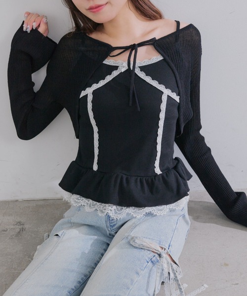 OLIVE des OLIVE(オリーブデオリーブ)の「ぺプラムキャミ+シアカーデセット(Tシャツ/カットソー・レディース・ピンク/ブラック/サックスブルー/オフホワイト・FREE)」の10枚目の写真