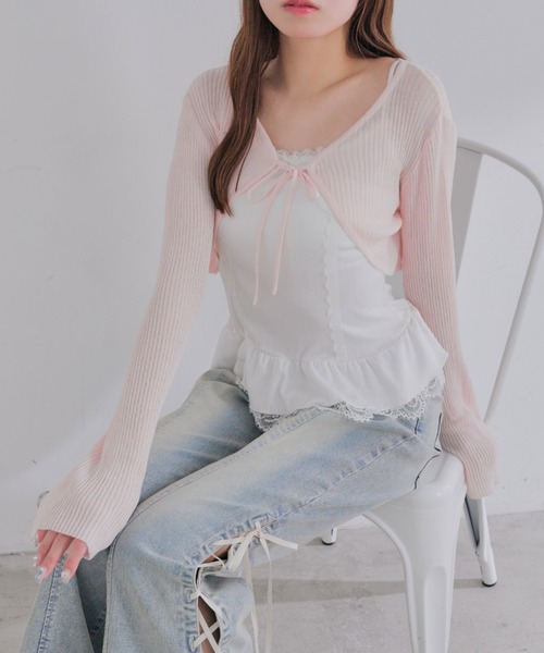 OLIVE des OLIVE(オリーブデオリーブ)の「ぺプラムキャミ+シアカーデセット(Tシャツ/カットソー・レディース・ピンク/ブラック/サックスブルー/オフホワイト・FREE)」の16枚目の写真