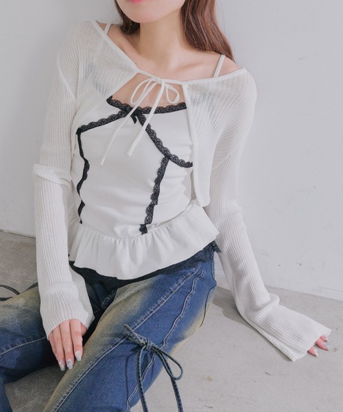OLIVE des OLIVE(オリーブデオリーブ)の「ぺプラムキャミ+シアカーデセット(Tシャツ/カットソー・レディース・ピンク/ブラック/サックスブルー/オフホワイト・FREE)」の5枚目の写真