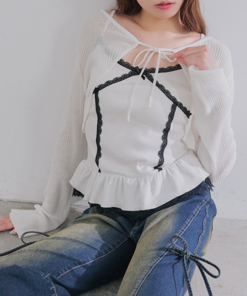 OLIVE des OLIVE(オリーブデオリーブ)の「ぺプラムキャミ+シアカーデセット(Tシャツ/カットソー・レディース・ピンク/ブラック/サックスブルー/オフホワイト・FREE)」の6枚目の写真