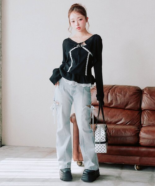 OLIVE des OLIVE(オリーブデオリーブ)の「ぺプラムキャミ+シアカーデセット(Tシャツ/カットソー・レディース・ピンク/ブラック/サックスブルー/オフホワイト・FREE)」の8枚目の写真