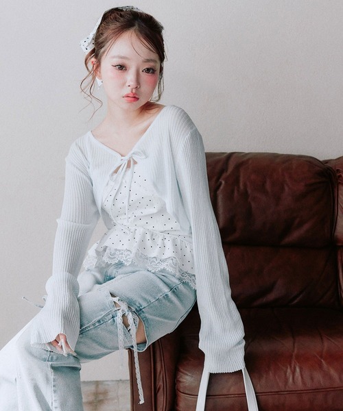 OLIVE des OLIVE(オリーブデオリーブ)の「ぺプラムキャミ+シアカーデセット(Tシャツ/カットソー・レディース・ピンク/ブラック/サックスブルー/オフホワイト・FREE)」の11枚目の写真
