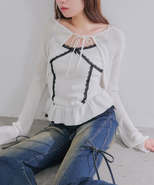 OLIVE des OLIVE(オリーブデオリーブ)の「ぺプラムキャミ+シアカーデセット(Tシャツ/カットソー・レディース・ピンク/ブラック/サックスブルー/オフホワイト・FREE)」の7枚目の写真
