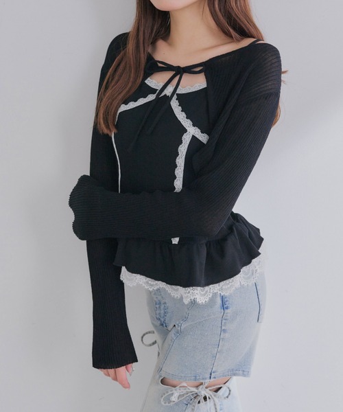 OLIVE des OLIVE(オリーブデオリーブ)の「ぺプラムキャミ+シアカーデセット(Tシャツ/カットソー・レディース・ピンク/ブラック/サックスブルー/オフホワイト・FREE)」の9枚目の写真