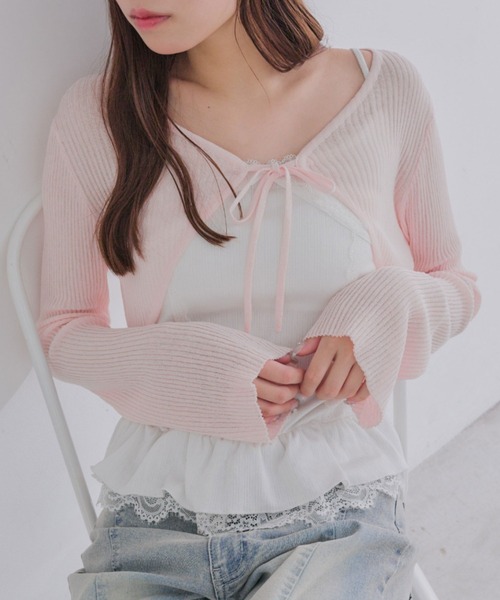 OLIVE des OLIVE(オリーブデオリーブ)の「ぺプラムキャミ+シアカーデセット(Tシャツ/カットソー・レディース・ピンク/ブラック/サックスブルー/オフホワイト・FREE)」の15枚目の写真
