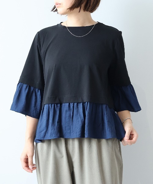 leswel(レスウェル)の「【M/L】シルケット天竺異素材ドッキングプルオーバー(Tシャツ/カットソー・レディース・カーキ/ブラック/オフホワイト・L/M)」の1枚目の写真
