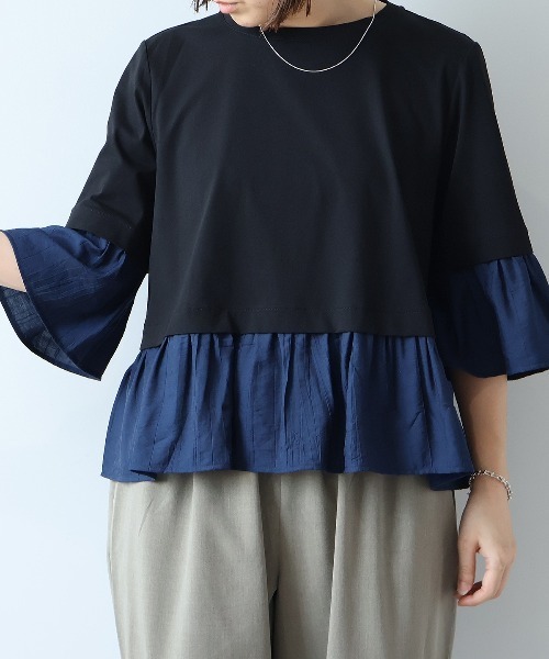 leswel(レスウェル)の「【M/L】シルケット天竺異素材ドッキングプルオーバー(Tシャツ/カットソー・レディース・カーキ/ブラック/オフホワイト・L/M)」の18枚目の写真