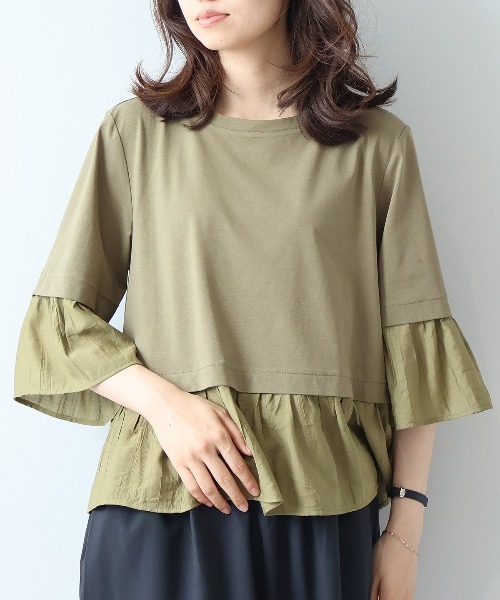 leswel(レスウェル)の「【M/L】シルケット天竺異素材ドッキングプルオーバー(Tシャツ/カットソー・レディース・カーキ/ブラック/オフホワイト・L/M)」の9枚目の写真