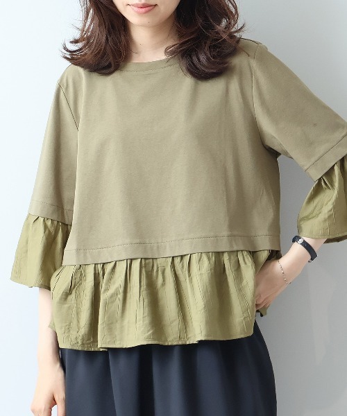 leswel(レスウェル)の「【M/L】シルケット天竺異素材ドッキングプルオーバー(Tシャツ/カットソー・レディース・カーキ/ブラック/オフホワイト・L/M)」の8枚目の写真