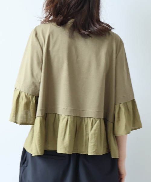 leswel(レスウェル)の「【M/L】シルケット天竺異素材ドッキングプルオーバー(Tシャツ/カットソー・レディース・カーキ/ブラック/オフホワイト・L/M)」の7枚目の写真