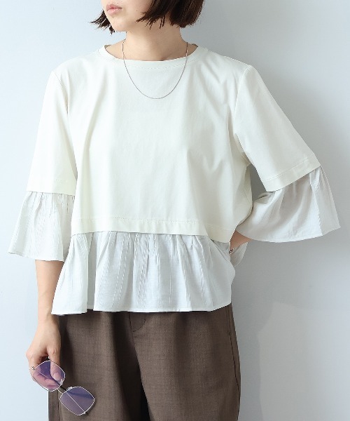 leswel(レスウェル)の「【M/L】シルケット天竺異素材ドッキングプルオーバー(Tシャツ/カットソー・レディース・カーキ/ブラック/オフホワイト・L/M)」の13枚目の写真