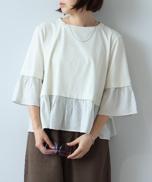 leswel(レスウェル)の「【M/L】シルケット天竺異素材ドッキングプルオーバー(Tシャツ/カットソー・レディース・カーキ/ブラック/オフホワイト・L/M)」の12枚目の写真