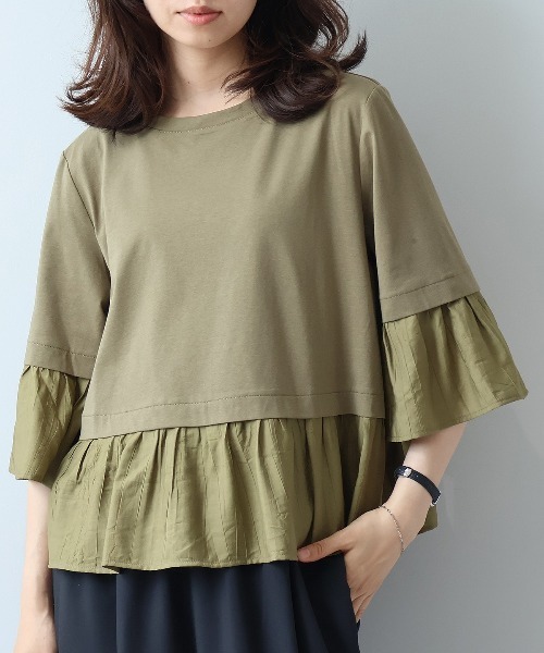 leswel(レスウェル)の「【M/L】シルケット天竺異素材ドッキングプルオーバー(Tシャツ/カットソー・レディース・カーキ/ブラック/オフホワイト・L/M)」の20枚目の写真