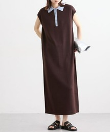 衿配色フレンチスリーブロング丈ワンピース［Soiunique］