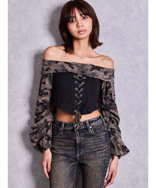 GYDA（ジェイダ）の「camouflageレースアップトップス（Tシャツ/カットソー・レディース・カーキ/ブラック・FREE）」の8枚目の写真