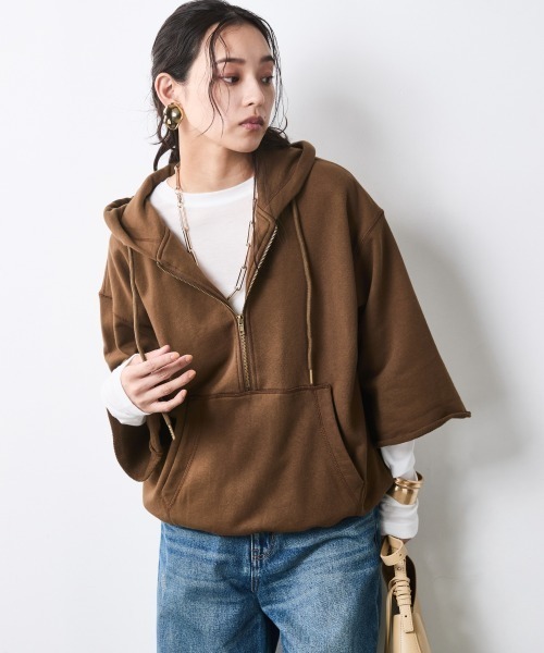 CHIC STYLE(シックスタイル)の「綿100%ハーフジップフーディ<大きいサイズ有>シックスタイル(パーカー・レディース・ブラウン/杢グレー・5L/4L/3L/LL/L/M)」の3枚目の写真