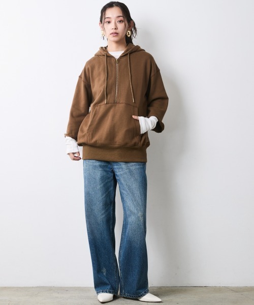 CHIC STYLE(シックスタイル)の「綿100%ハーフジップフーディ<大きいサイズ有>シックスタイル(パーカー・レディース・ブラウン/杢グレー・5L/4L/3L/LL/L/M)」の6枚目の写真