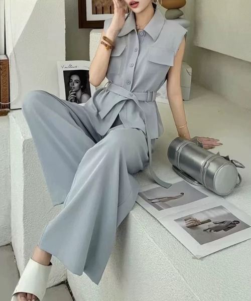 Aelina(エリナ)の「ベルト付きノースリーブトップスパンツセットアップ(セットアップ・レディース・イエロー/オフホワイト/ブラック/ライトブルー・FREE)」の16枚目の写真