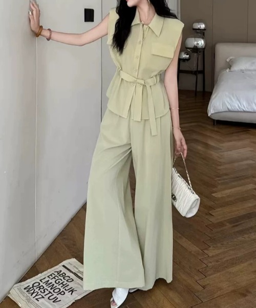 Aelina(エリナ)の「ベルト付きノースリーブトップスパンツセットアップ(セットアップ・レディース・イエロー/オフホワイト/ブラック/ライトブルー・FREE)」の14枚目の写真