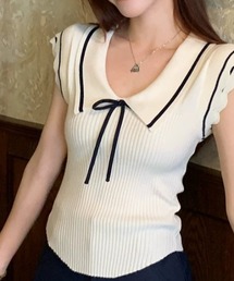 配色切替 ポロカラー フレンチスリーブ ショート丈 サマーニット