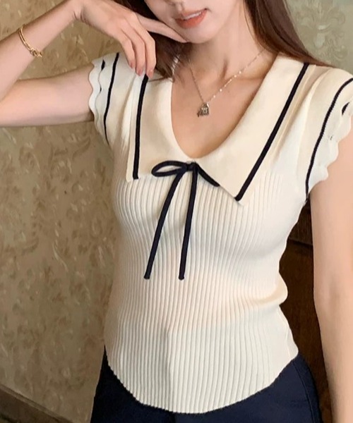AMAJI(アマジ)の「配色切替 ポロカラー フレンチスリーブ ショート丈 サマーニット(ニット/セーター・レディース・ホワイト/ベージュ/ネイビー・FREE)」の4枚目の写真