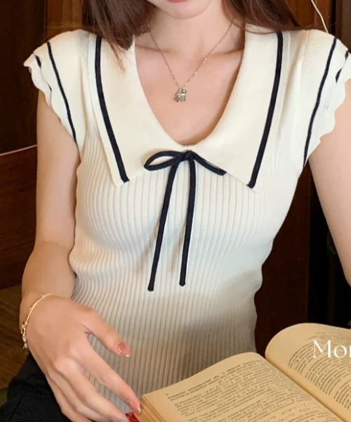 AMAJI(アマジ)の「配色切替 ポロカラー フレンチスリーブ ショート丈 サマーニット(ニット/セーター・レディース・ホワイト/ベージュ/ネイビー・FREE)」の5枚目の写真