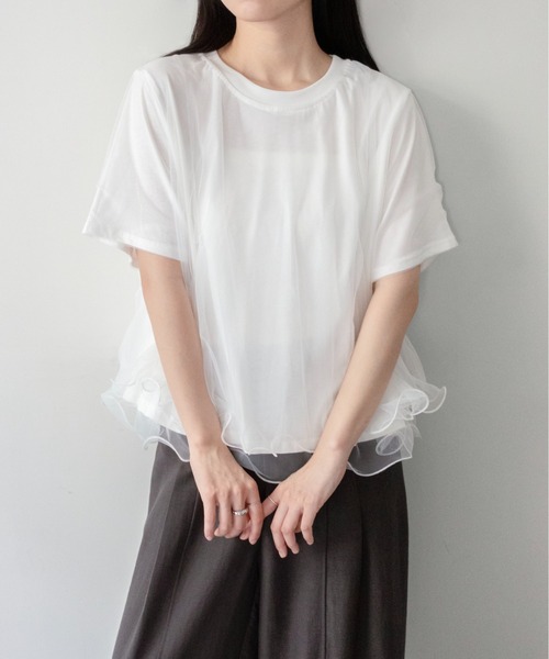 on:nue(オンニュ)の「【on:nue】チュールドッキング半袖Tシャツ(Tシャツ/カットソー・レディース・グレー/ブラック/ホワイト・FREE)」の2枚目の写真
