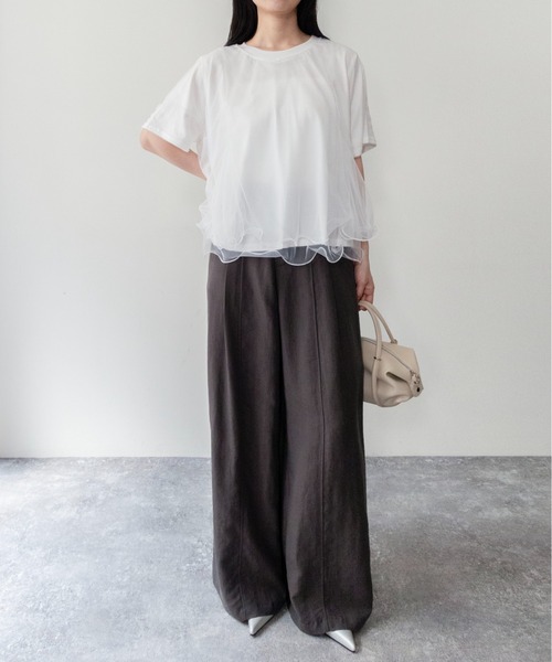 on:nue(オンニュ)の「【on:nue】チュールドッキング半袖Tシャツ(Tシャツ/カットソー・レディース・グレー/ブラック/ホワイト・FREE)」の7枚目の写真