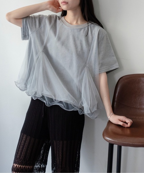 on:nue(オンニュ)の「【on:nue】チュールドッキング半袖Tシャツ(Tシャツ/カットソー・レディース・グレー/ブラック/ホワイト・FREE)」の16枚目の写真