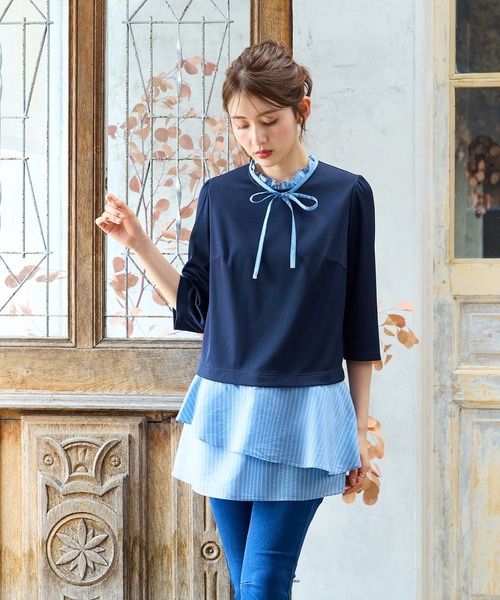 Rose Tiara(ローズティアラ)の「【UVカット】ストライプティアードドッキングカットソー(Tシャツ/カットソー・レディース・ワインレッド/ネイビー・46/38/42)」の4枚目の写真