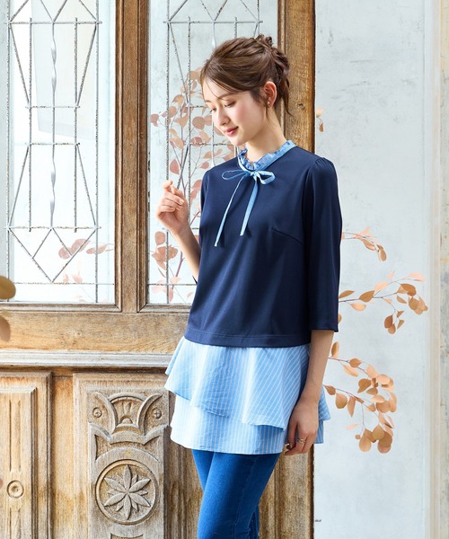 Rose Tiara(ローズティアラ)の「【UVカット】ストライプティアードドッキングカットソー(Tシャツ/カットソー・レディース・ワインレッド/ネイビー・46/38/42)」の5枚目の写真