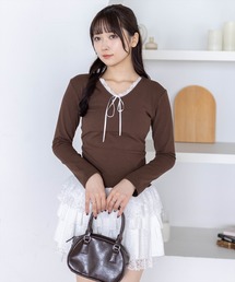 clear | フロントリボンレースフリルカットソー［骨格ウェーブ／バレエコア／フェミニン／レイヤード風］(Tシャツ/カットソー)